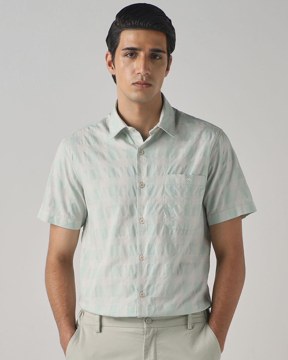 Light Green Dobby Check Slim Fit Casual Shirt