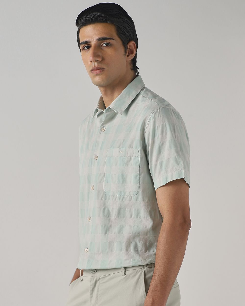 Light Green Dobby Check Slim Fit Casual Shirt