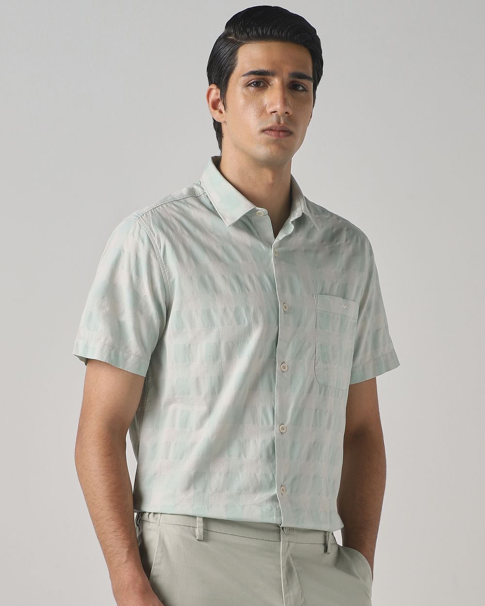 Light Green Dobby Check Slim Fit Casual Shirt