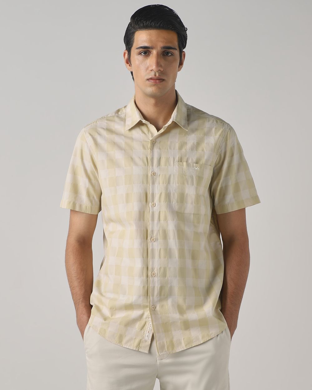 Beige Dobby Check Slim Fit Casual Shirt