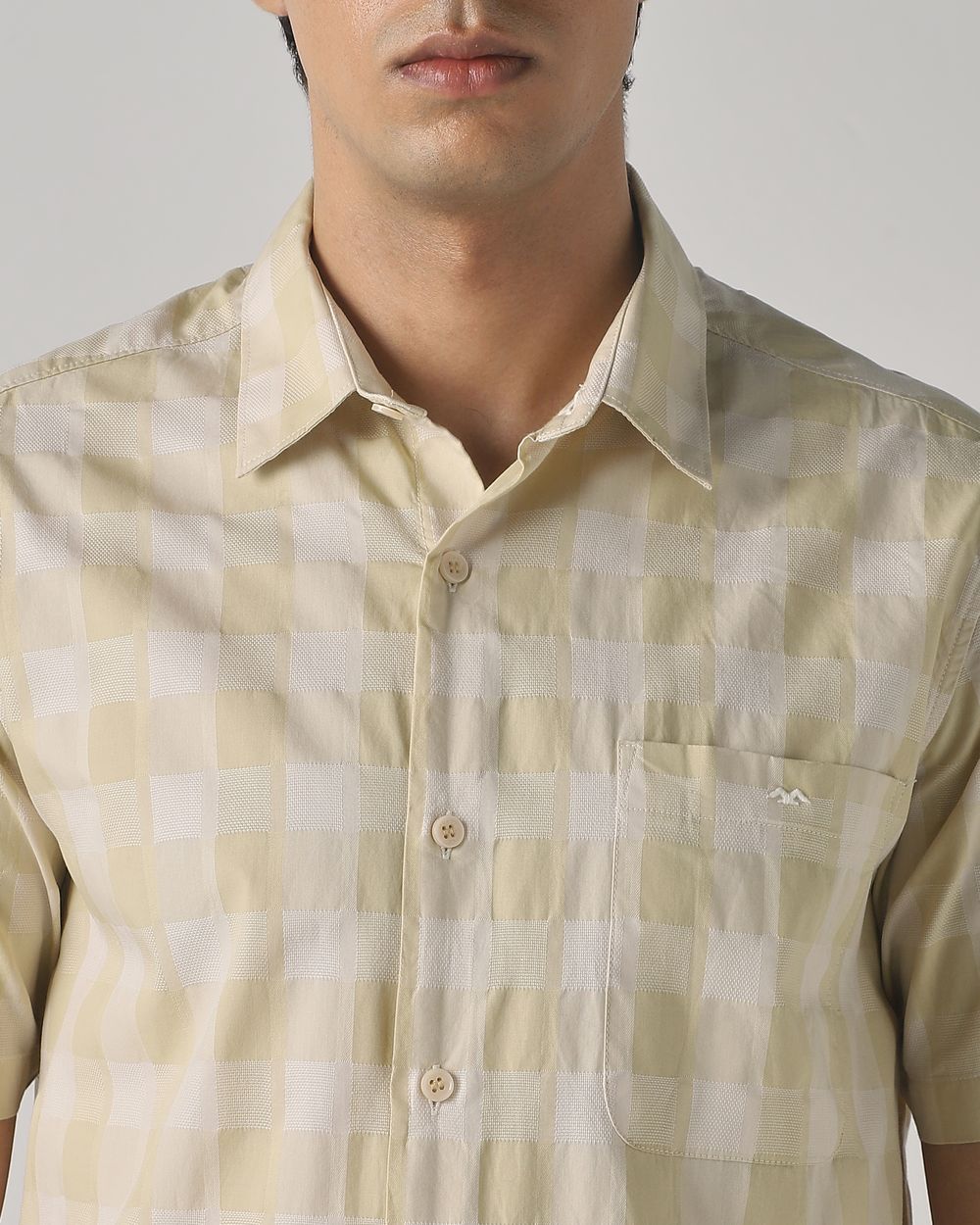 Beige Dobby Check Slim Fit Casual Shirt