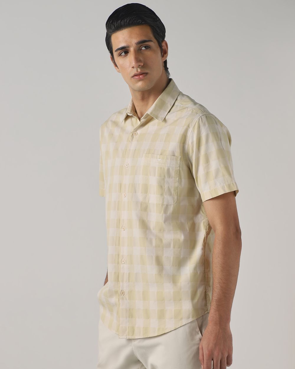 Beige Dobby Check Slim Fit Casual Shirt