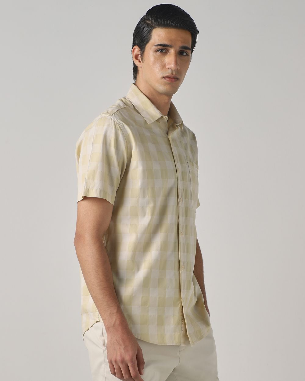 Beige Dobby Check Slim Fit Casual Shirt