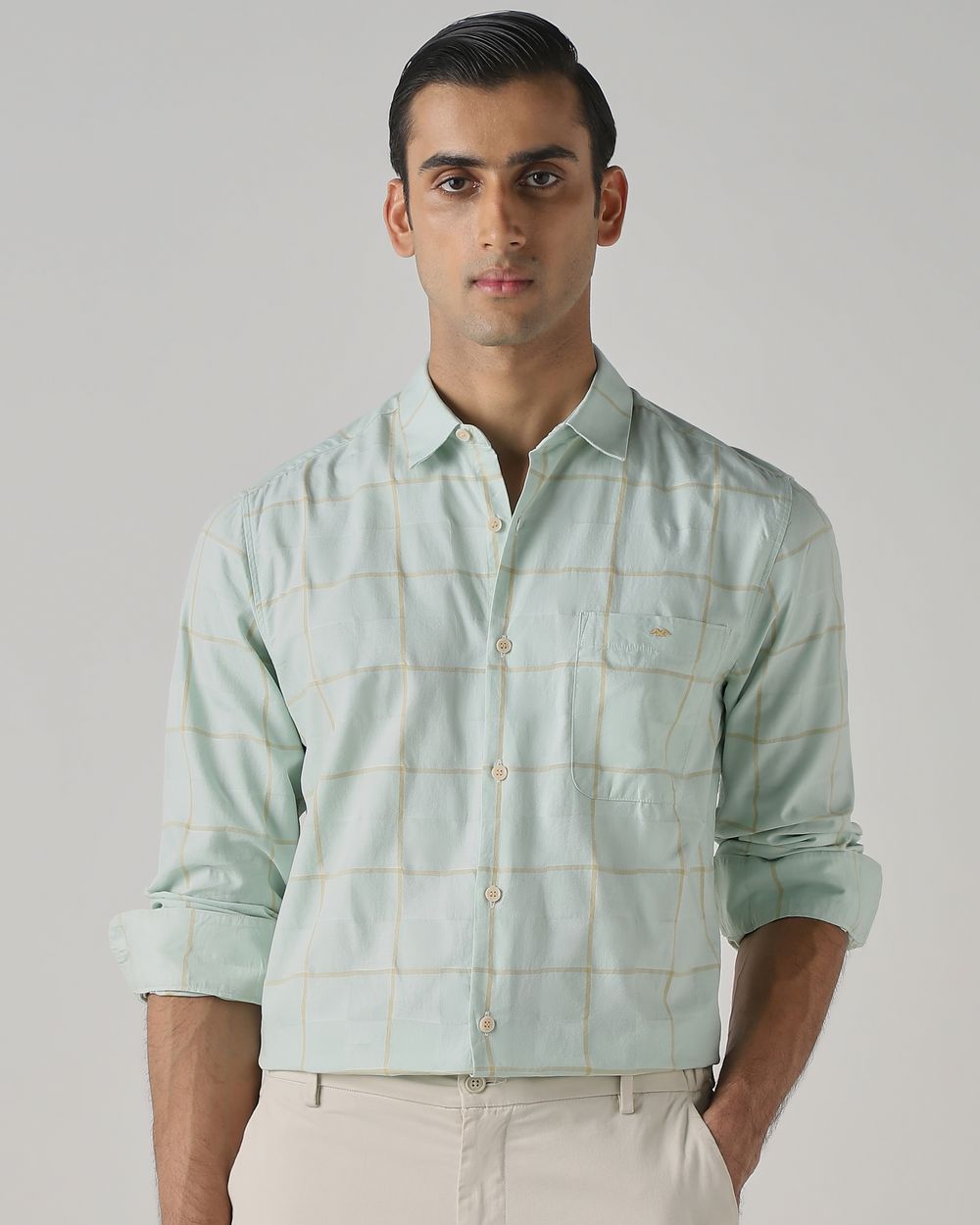 Light Green Windowpane Check Slim Fit Casual Shirt
