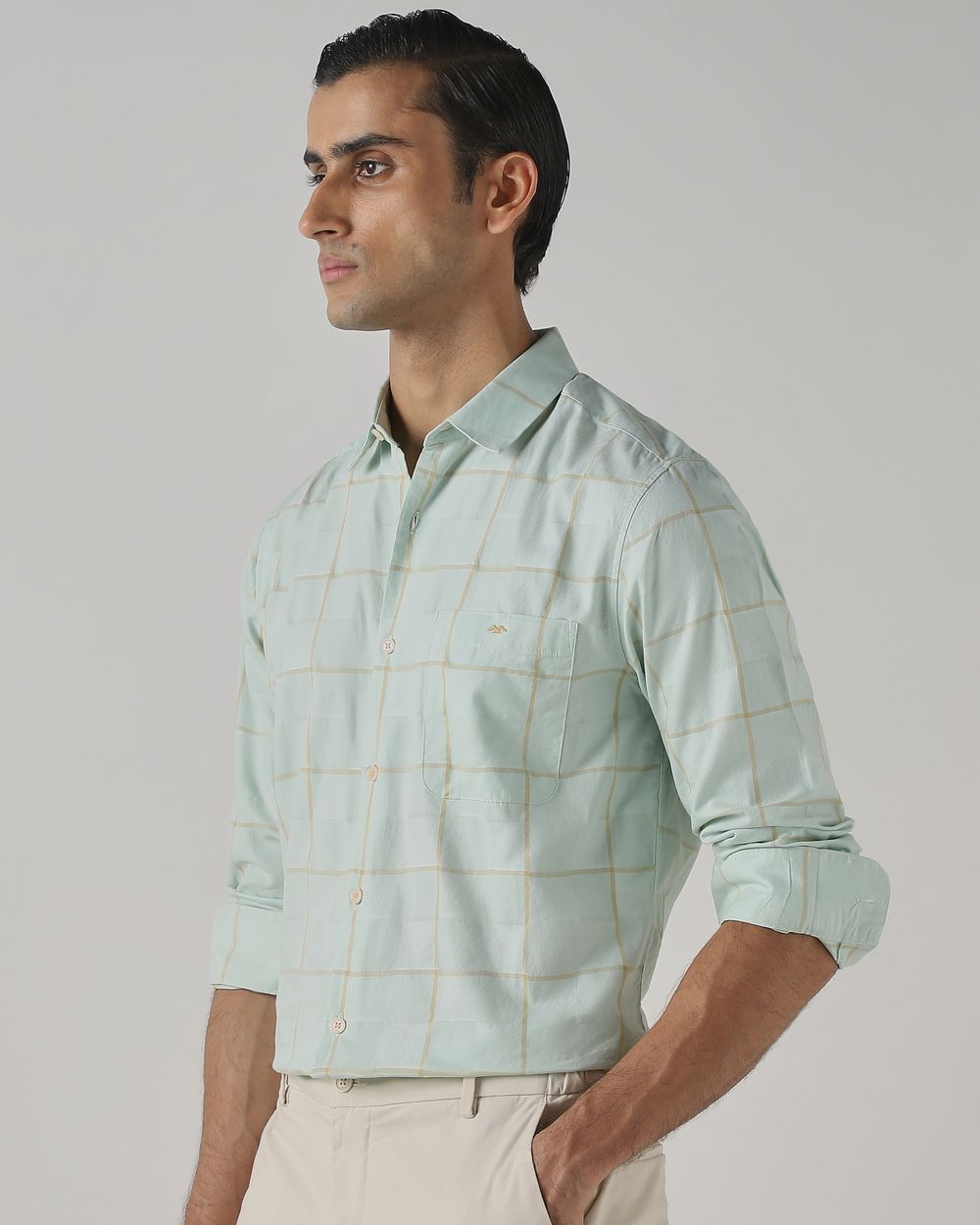 Light Green Windowpane Check Slim Fit Casual Shirt