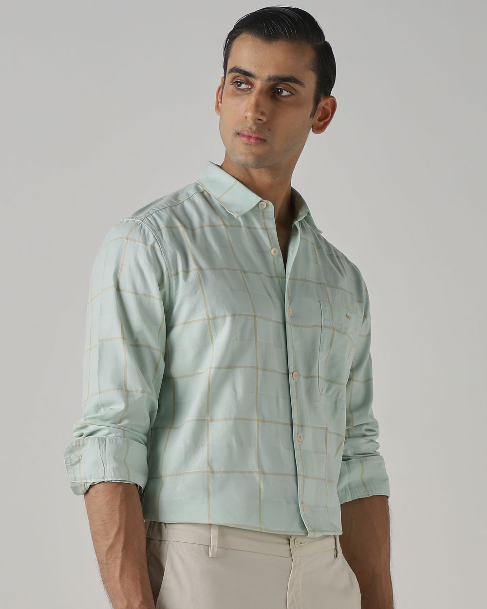 Light Green Windowpane Check Slim Fit Casual Shirt