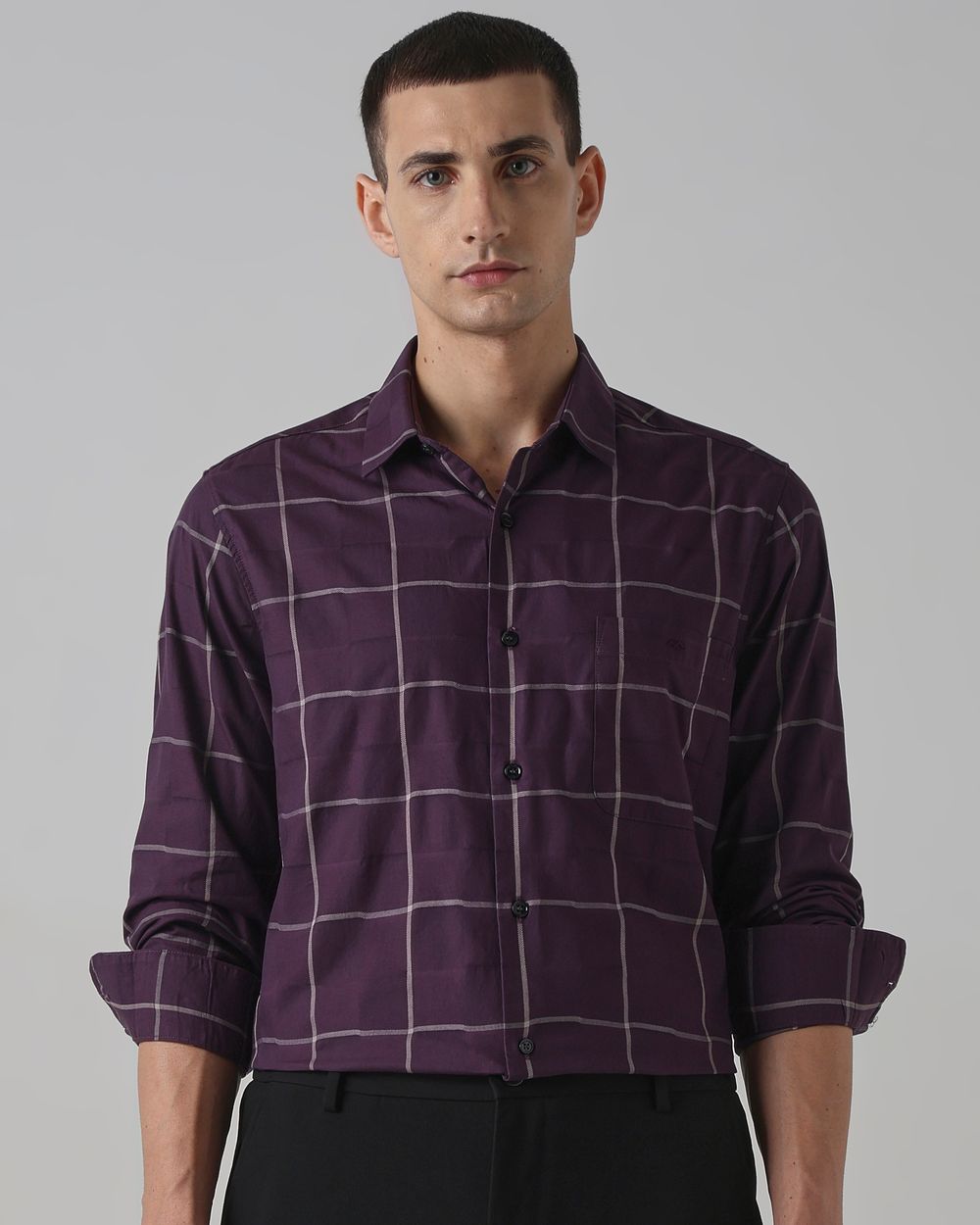 Plum Windowpane Check Slim Fit Casual Shirt