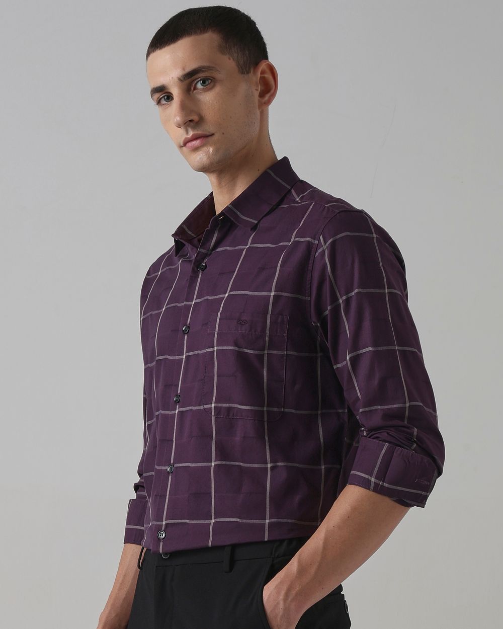 Plum Windowpane Check Slim Fit Casual Shirt
