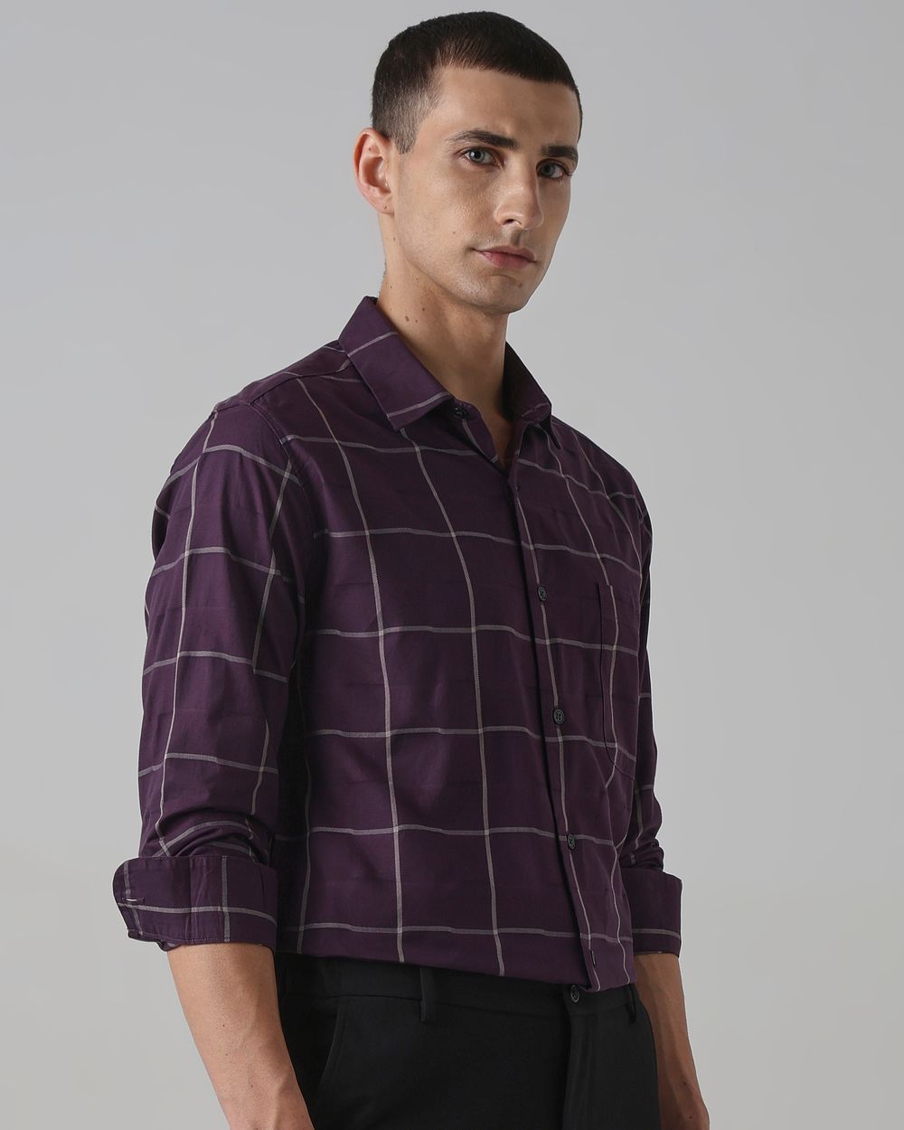 Plum Windowpane Check Slim Fit Casual Shirt