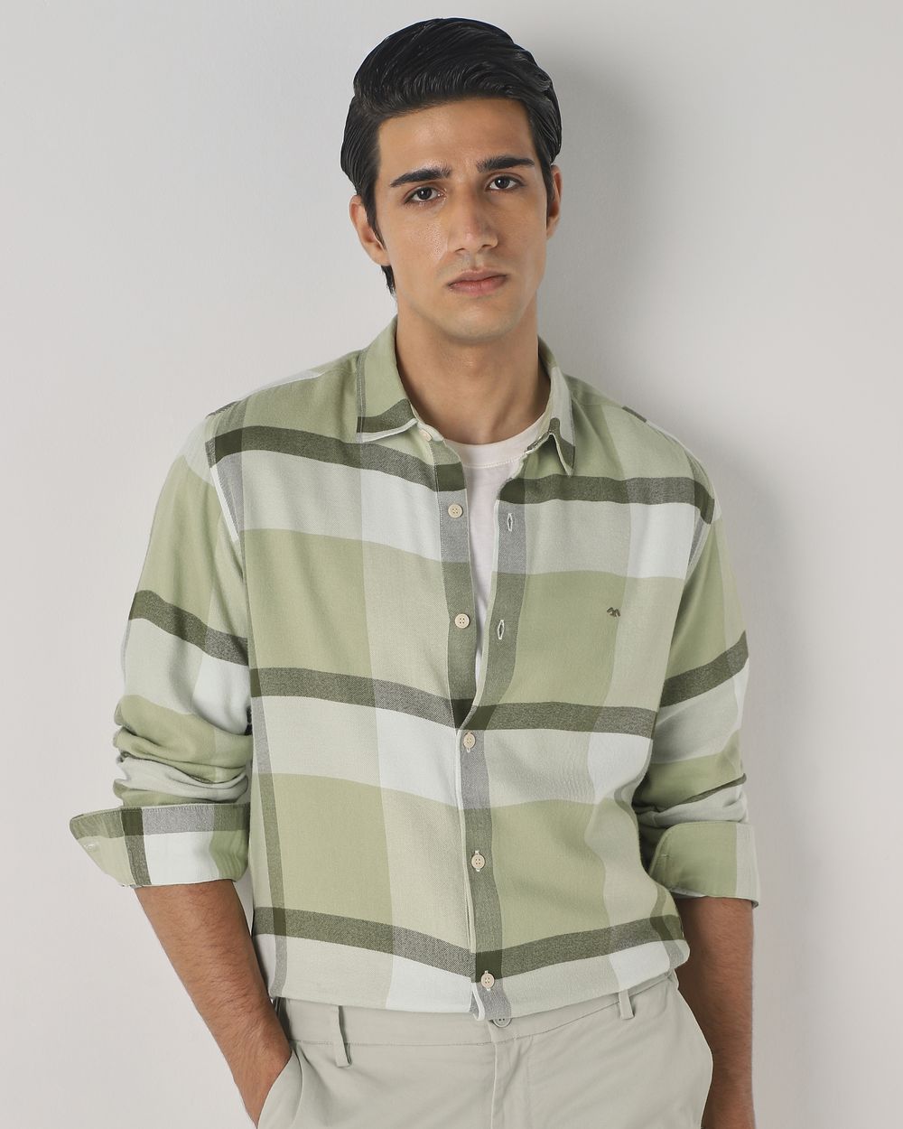 Light Olive Flannel Check Slim Fit Casual Shirt