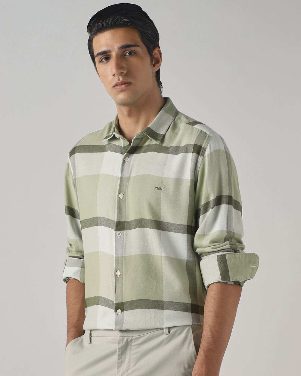 Light Olive Flannel Check Slim Fit Casual Shirt