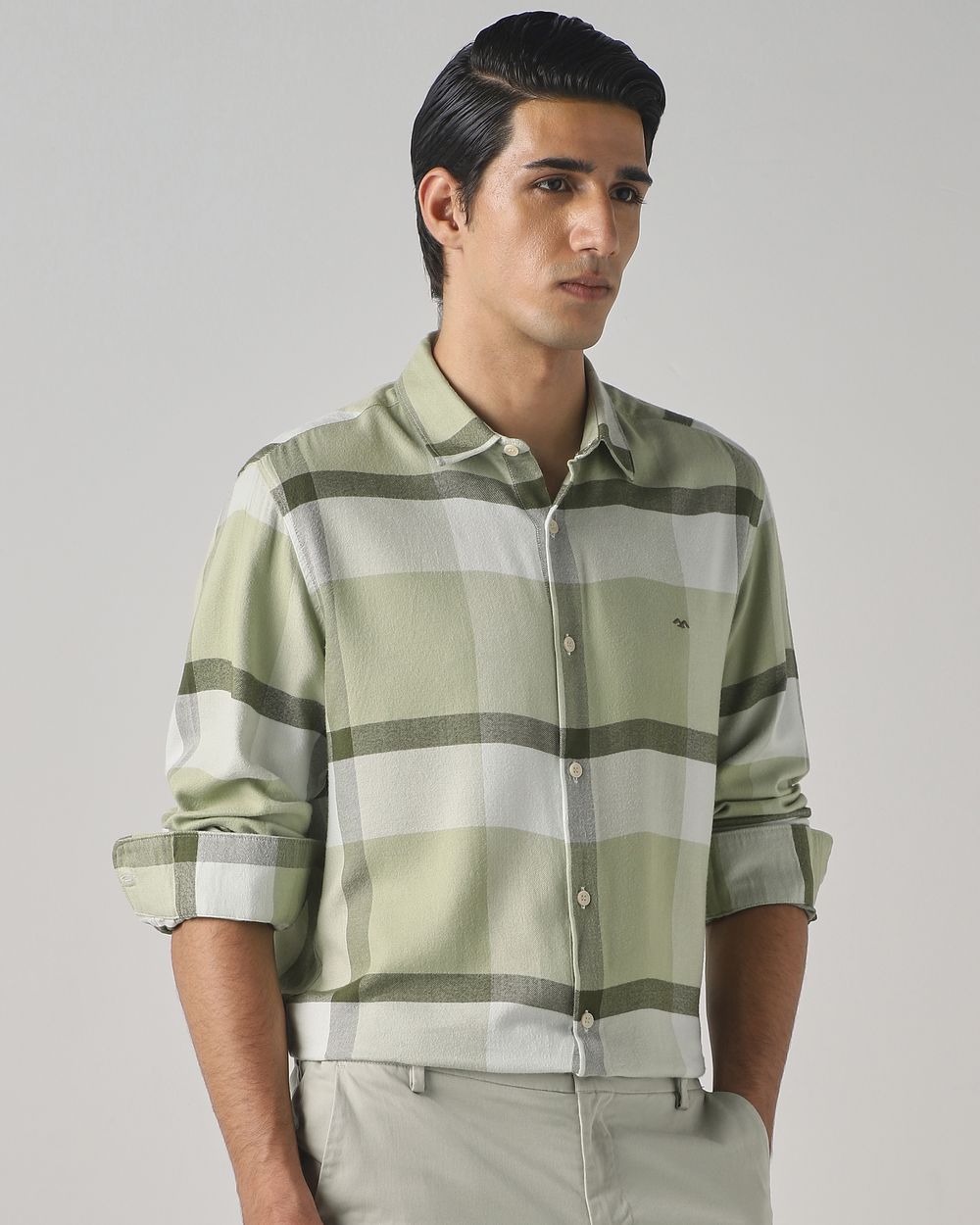 Light Olive Flannel Check Slim Fit Casual Shirt