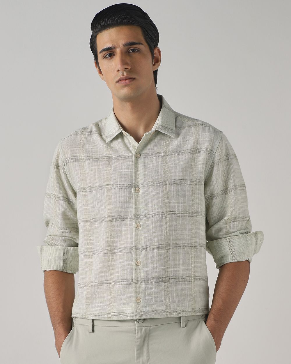 Light Green Dobby Check Slim Fit Casual Shirt
