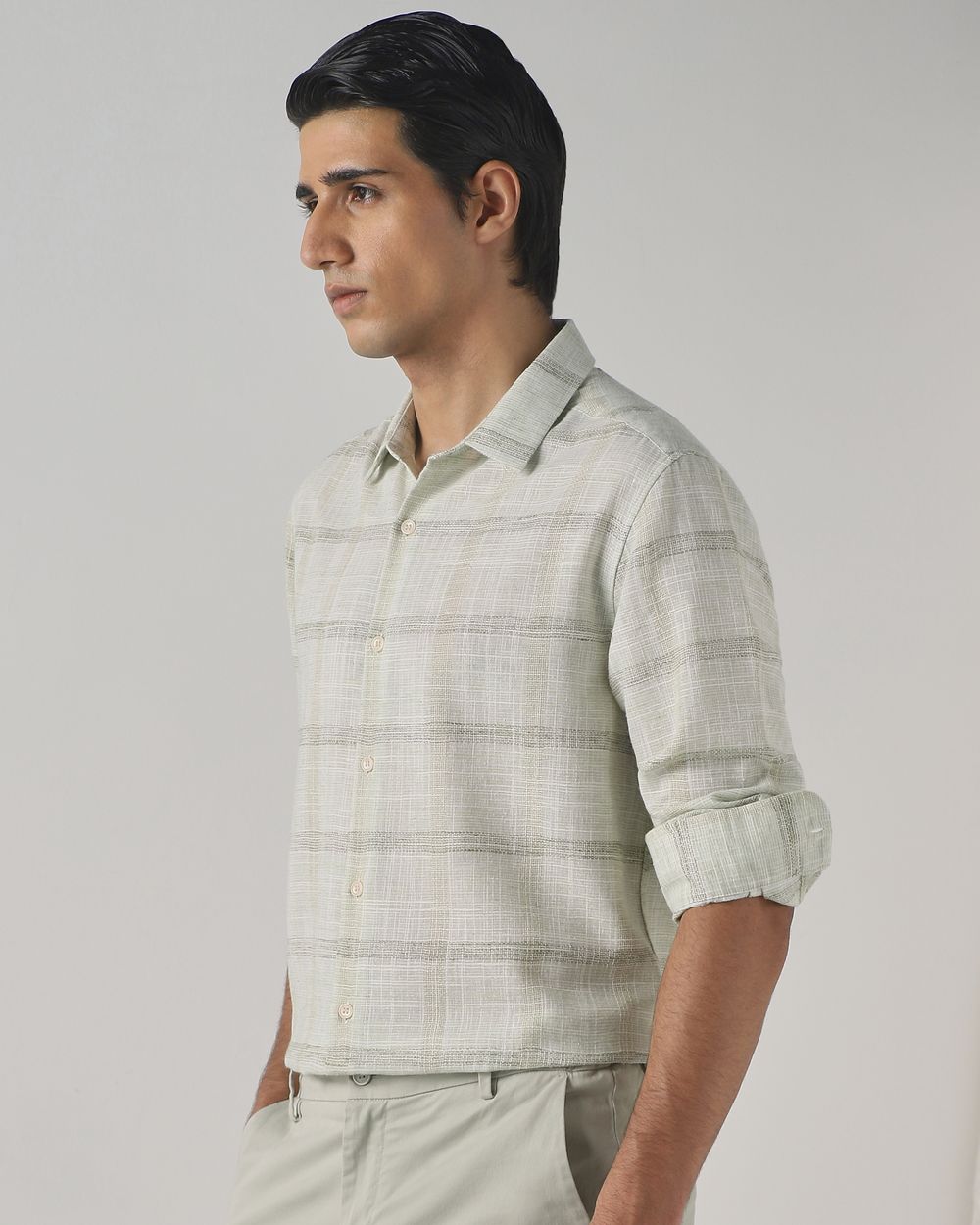 Light Green Dobby Check Slim Fit Casual Shirt