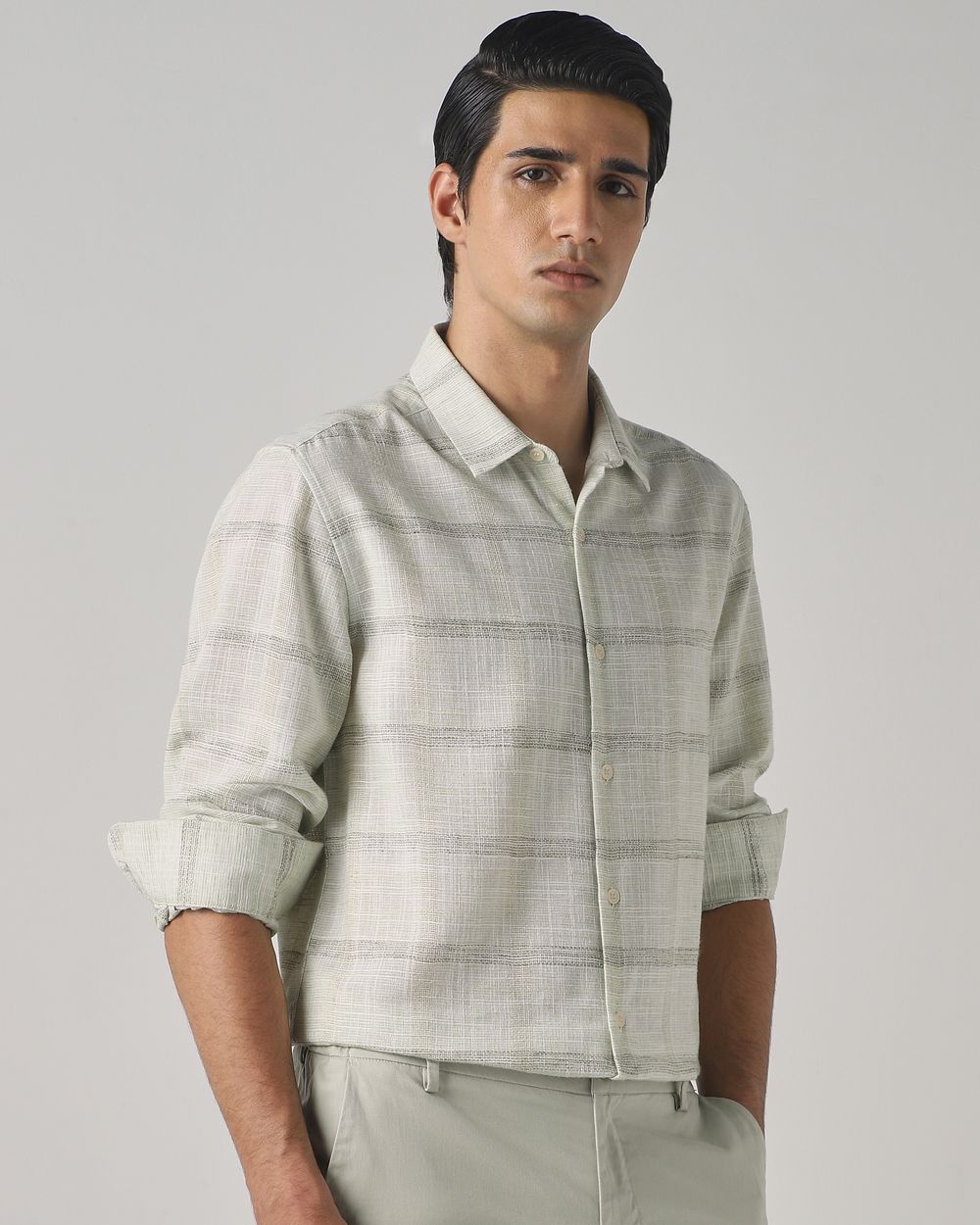 Light Green Dobby Check Slim Fit Casual Shirt