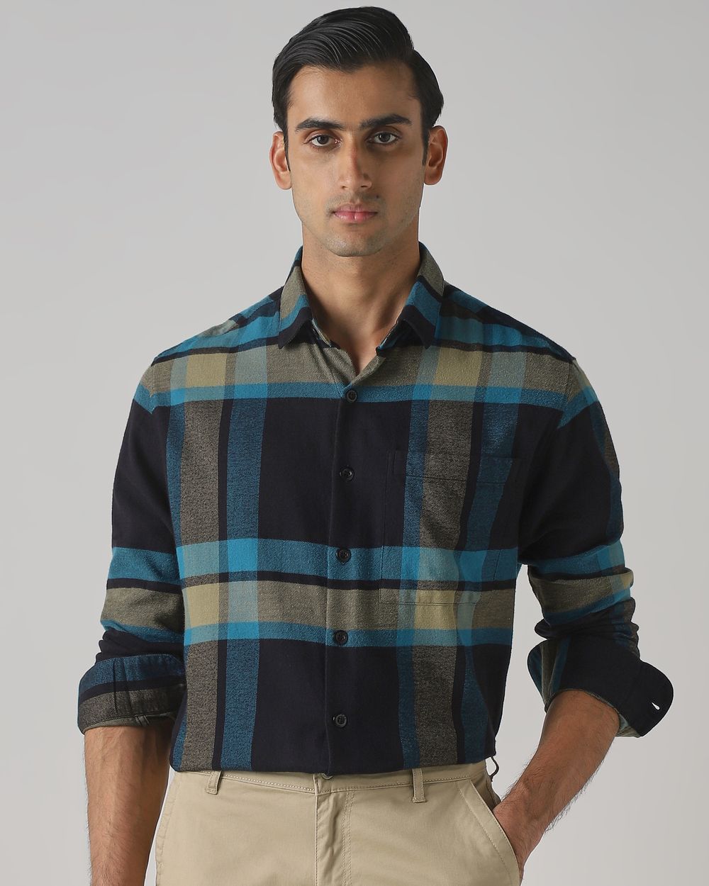 Navy Flannel Check Slim Fit Casual Overshirt