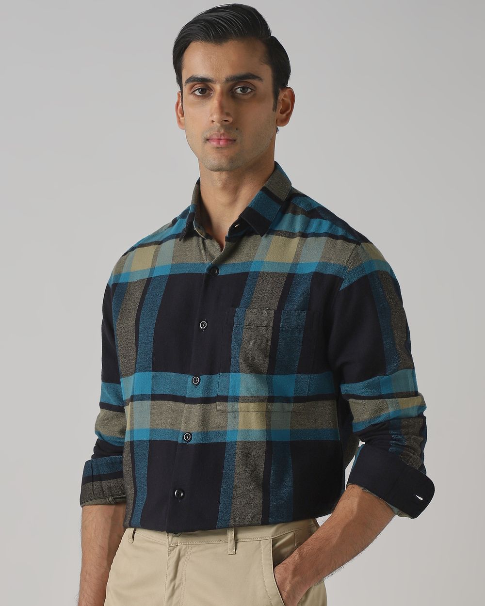 Navy Flannel Check Slim Fit Casual Overshirt