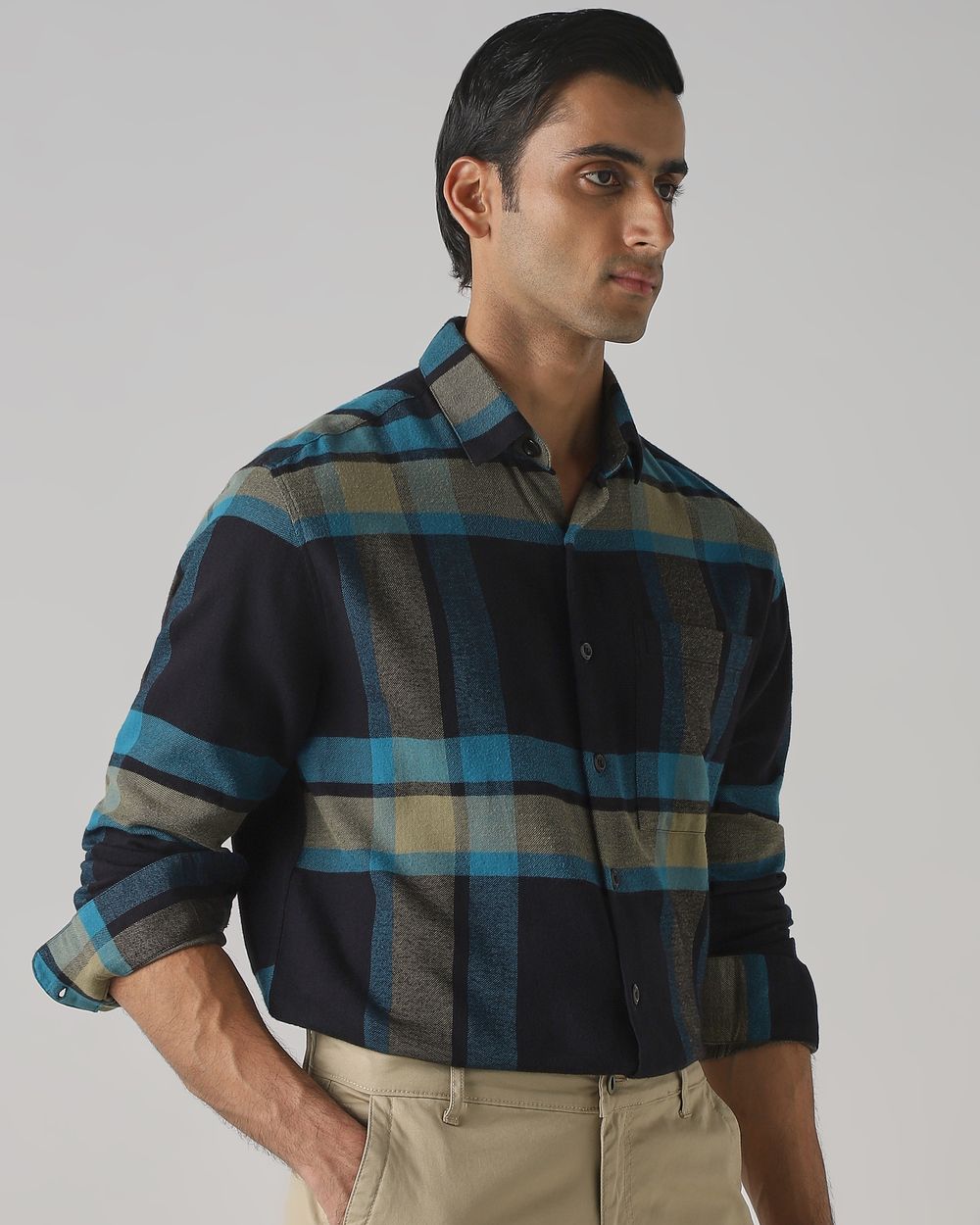 Navy Flannel Check Slim Fit Casual Overshirt