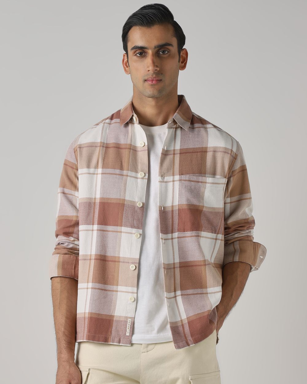 Beige Flannel Check Slim Fit Casual Shirt