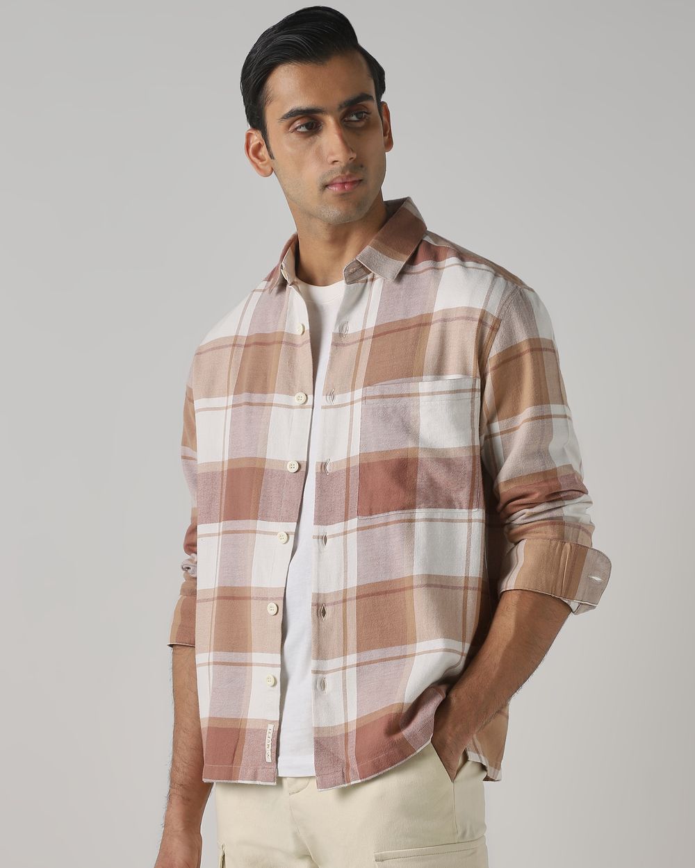 Beige Flannel Check Slim Fit Casual Shirt