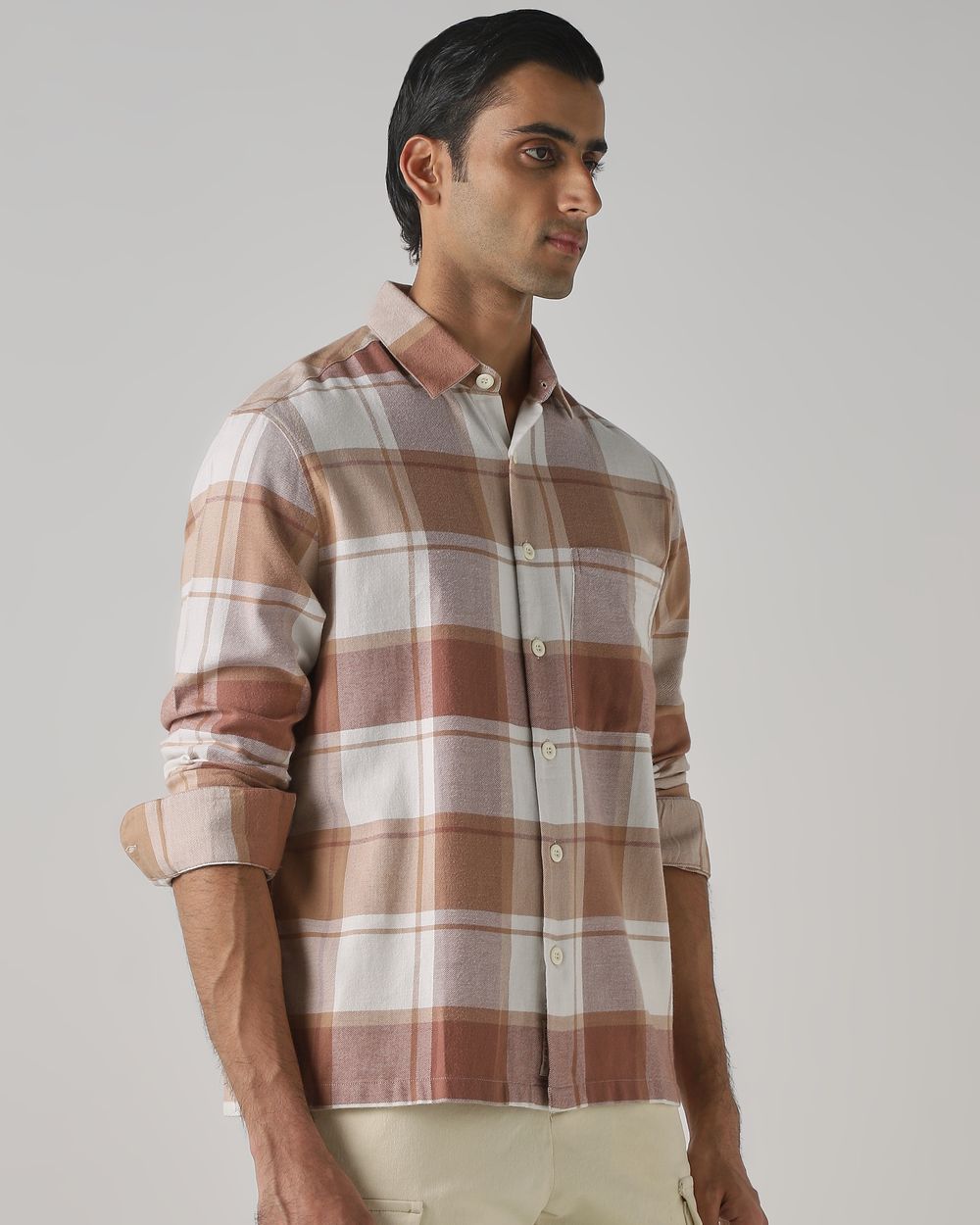 Beige Flannel Check Slim Fit Casual Shirt