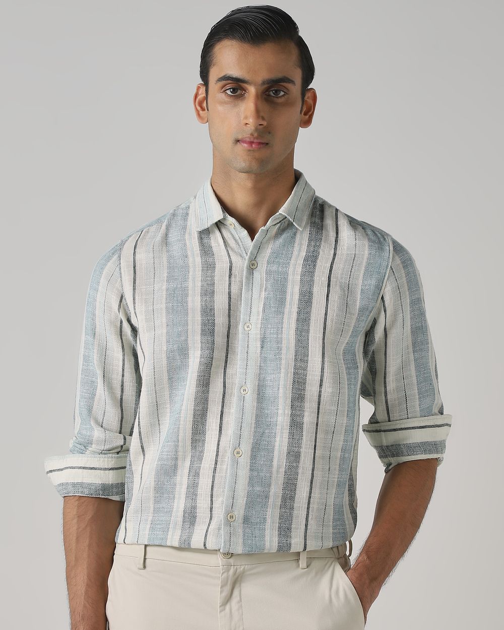 Light Green Dobby Stripe Slim Fit Casual Shirt