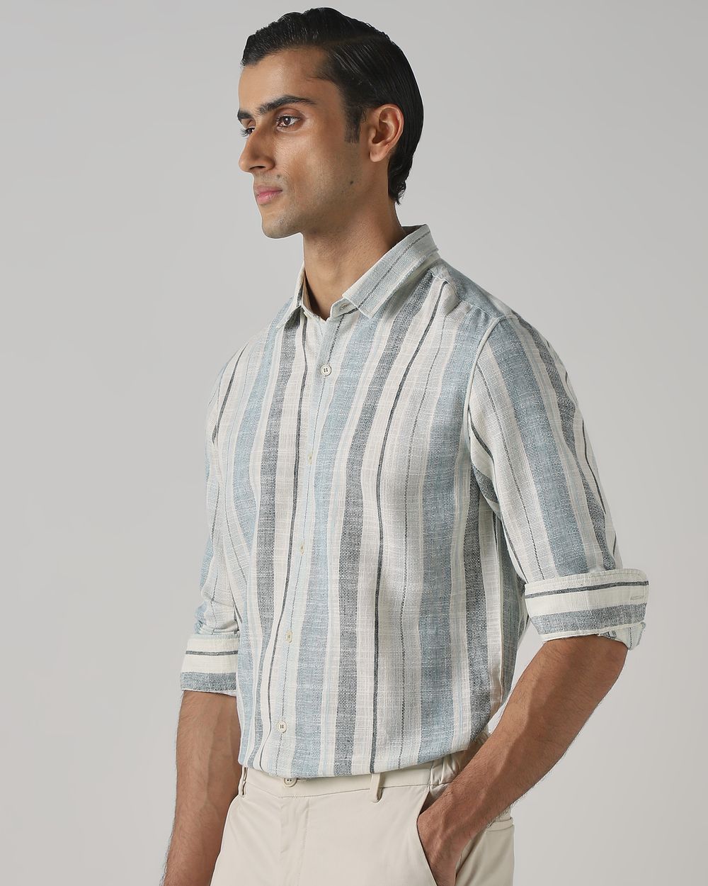 Light Green Dobby Stripe Slim Fit Casual Shirt