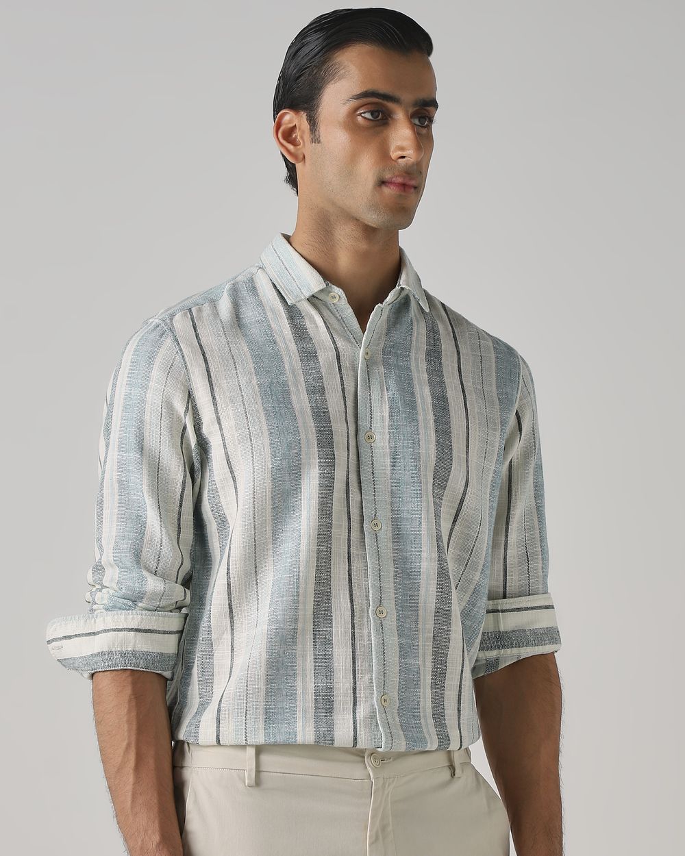 Light Green Dobby Stripe Slim Fit Casual Shirt
