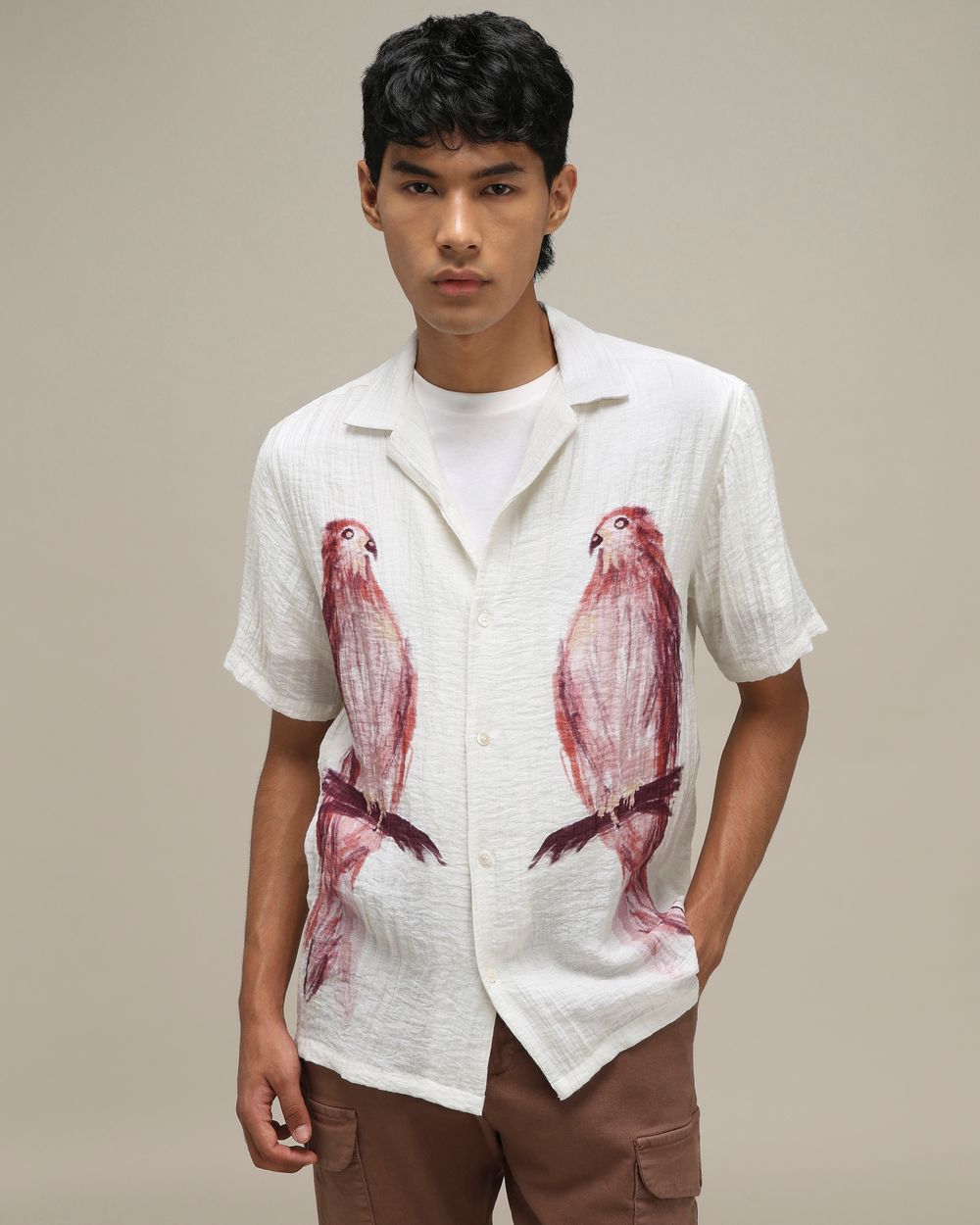 Off White Bird Print Loose Fit Casual Shirt