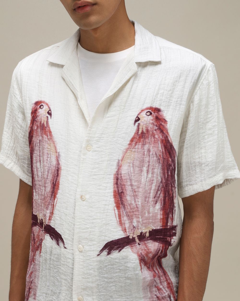 Off White Bird Print Loose Fit Casual Shirt