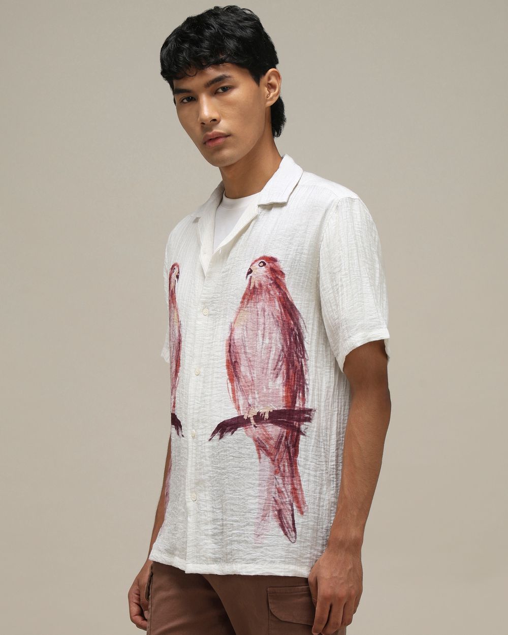 Off White Bird Print Loose Fit Casual Shirt