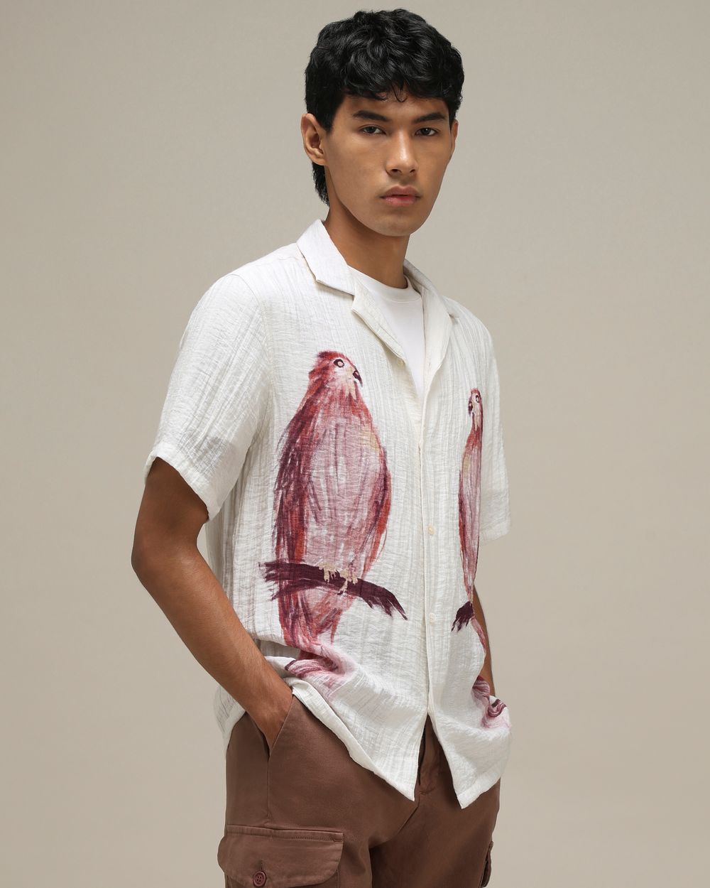 Off White Bird Print Loose Fit Casual Shirt