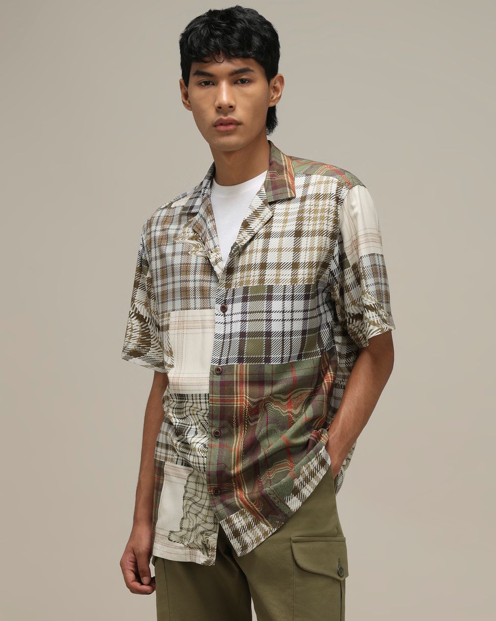 Light Olive Viscose Print Loose Fit Casual Shirt