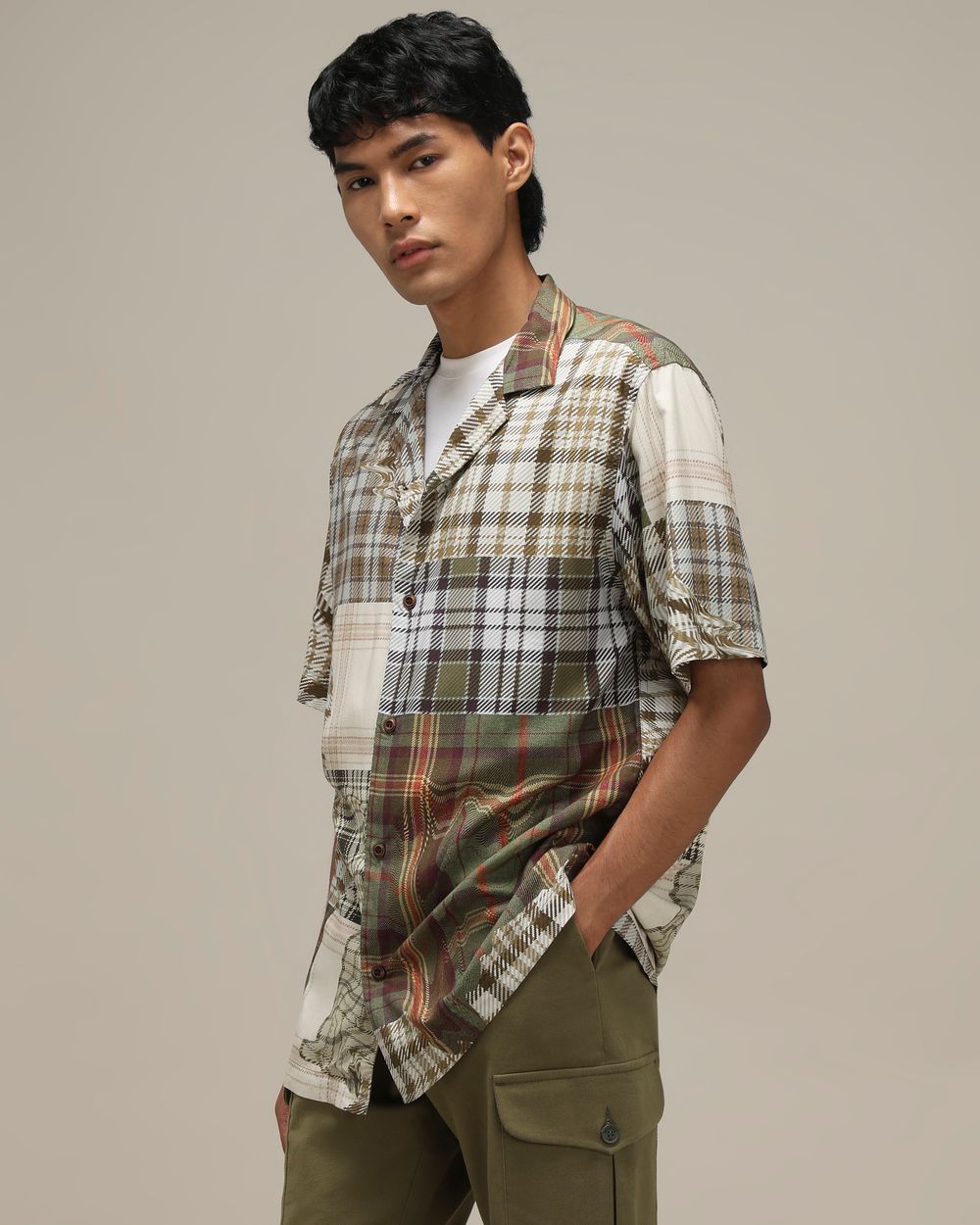 Light Olive Viscose Print Loose Fit Casual Shirt