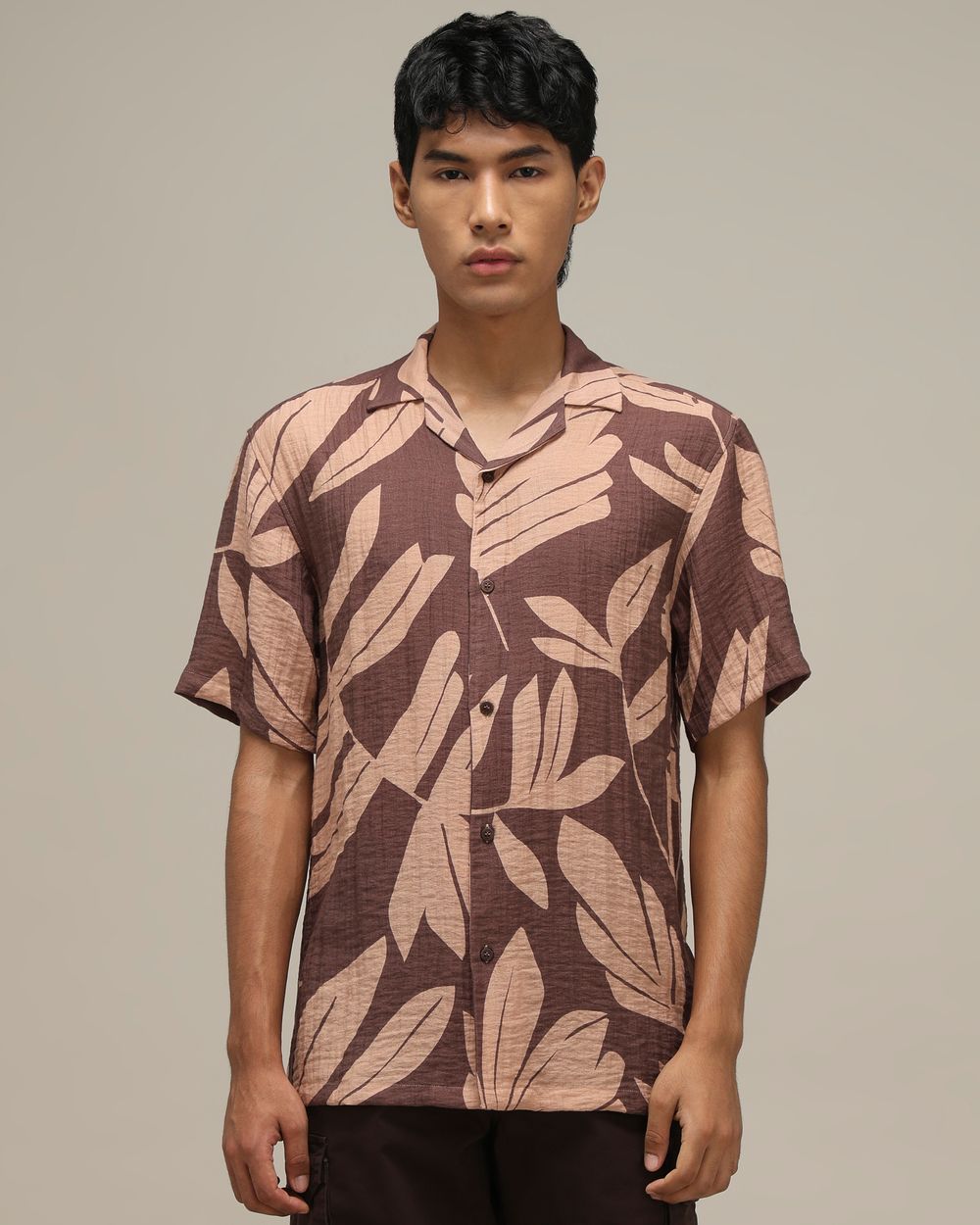 Brown Leaf Print Loose Fit Casual Shirt