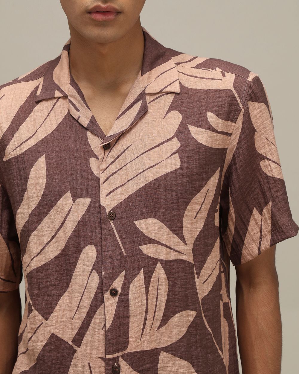 Brown Leaf Print Loose Fit Casual Shirt