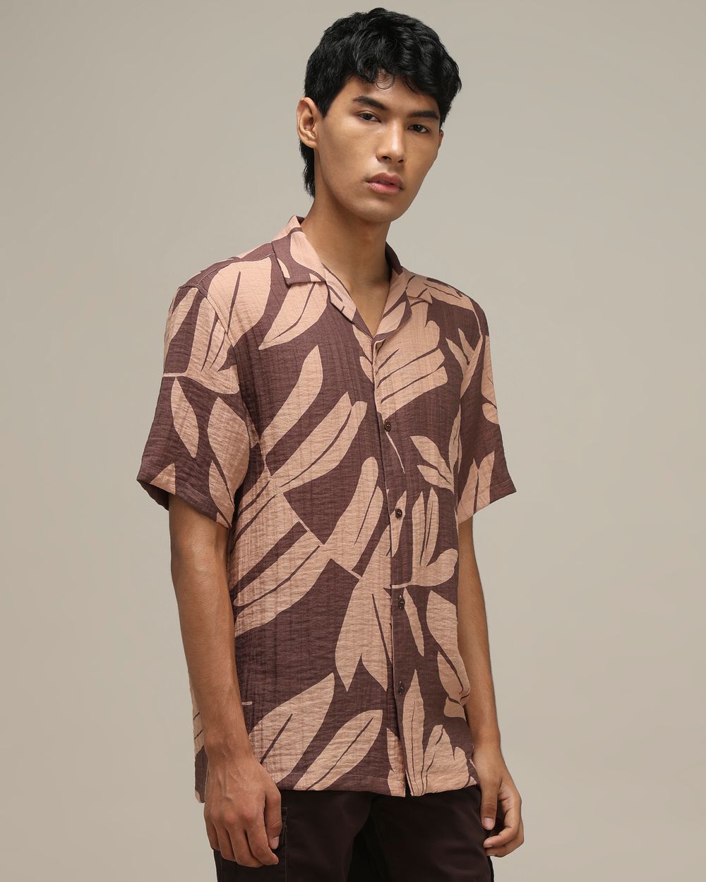 Brown Leaf Print Loose Fit Casual Shirt