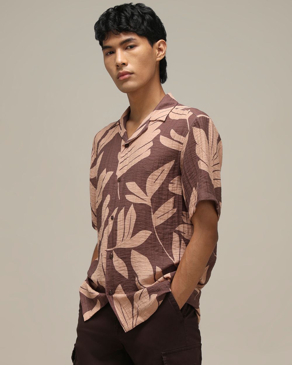 Brown Leaf Print Loose Fit Casual Shirt
