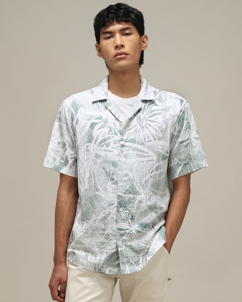 Light Green Floral Print Loose Fit Casual Shirt
