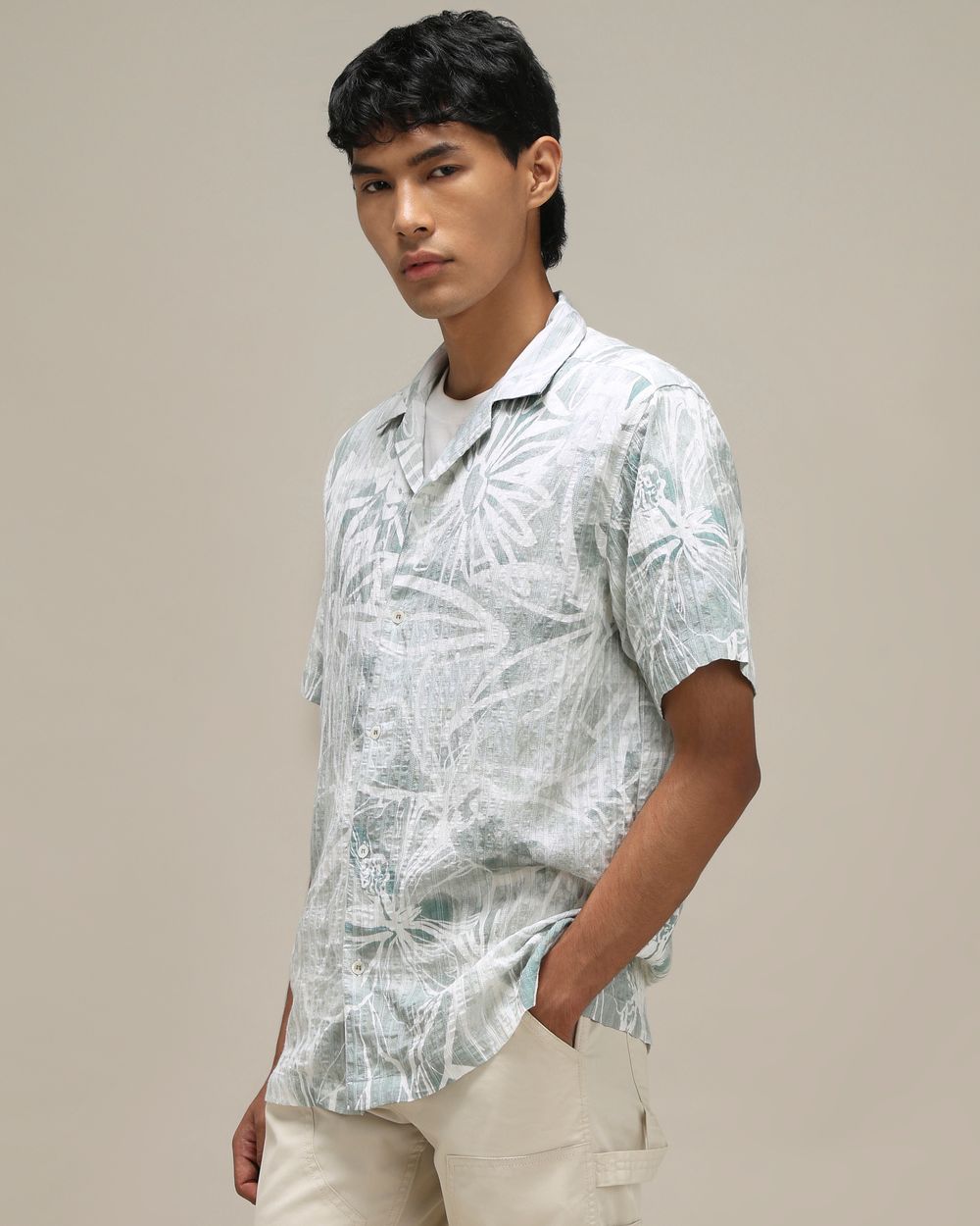 Light Green Floral Print Loose Fit Casual Shirt