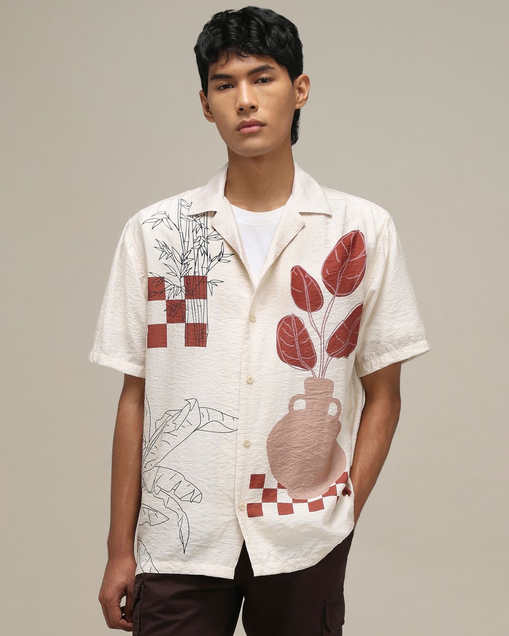 Off White Abstract Print Loose Fit Casual Shirt