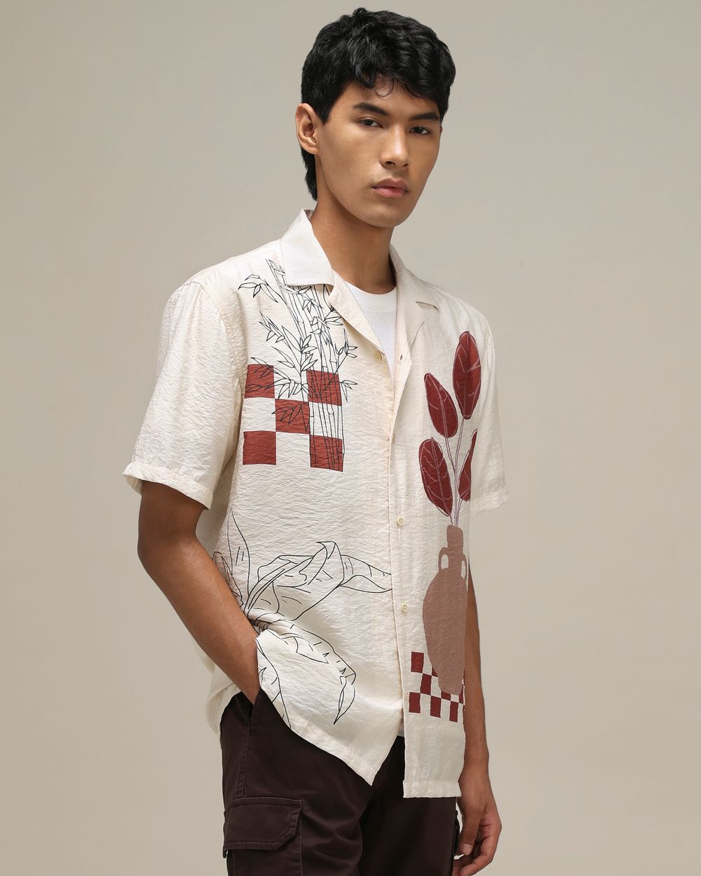 Off White Abstract Print Loose Fit Casual Shirt