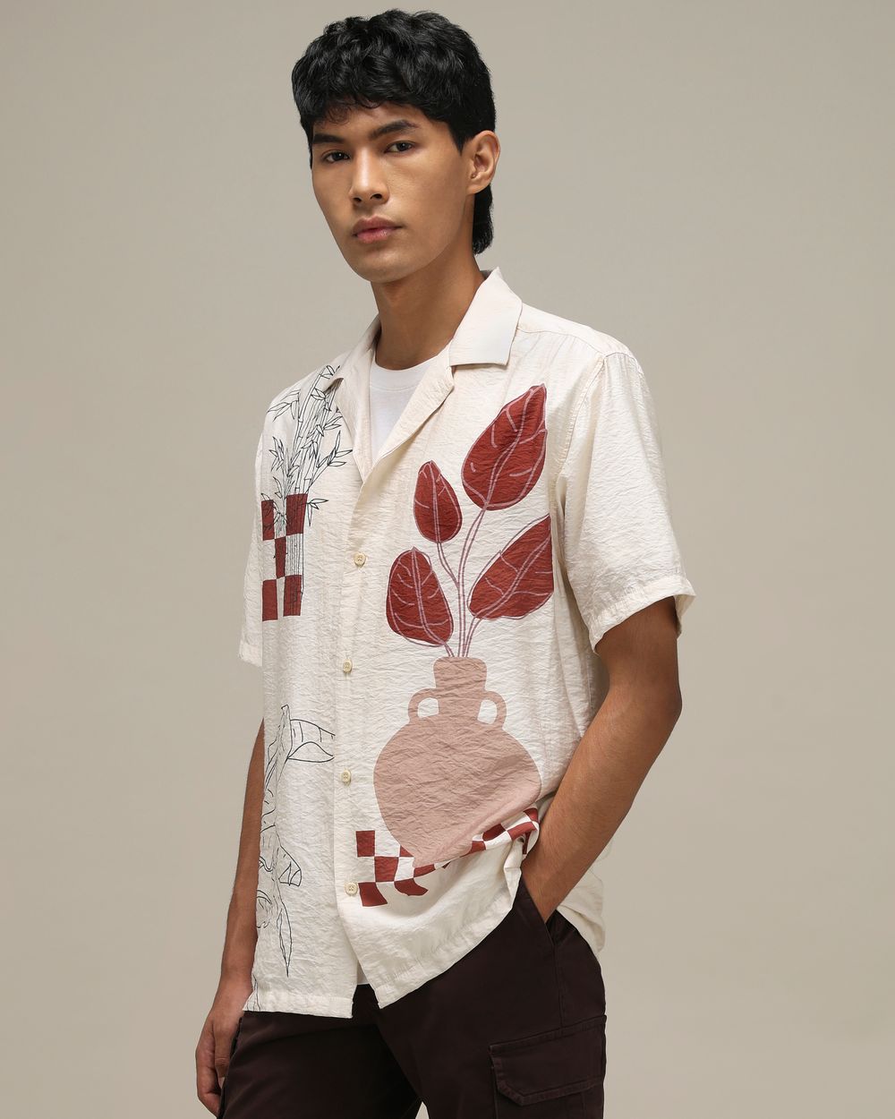 Off White Abstract Print Loose Fit Casual Shirt