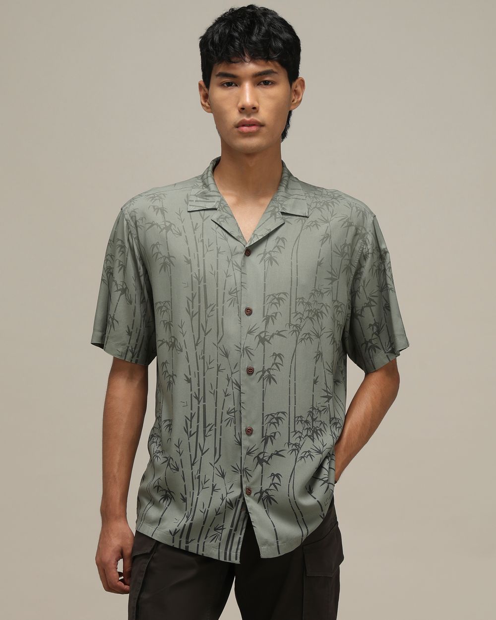 Olive Leaf Print Loose Fit Casual Shirt