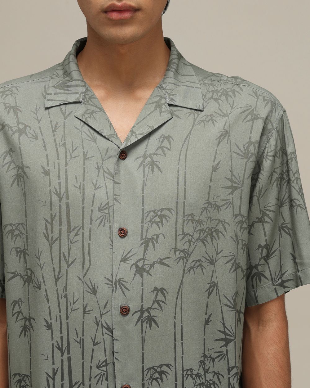 Olive Leaf Print Loose Fit Casual Shirt