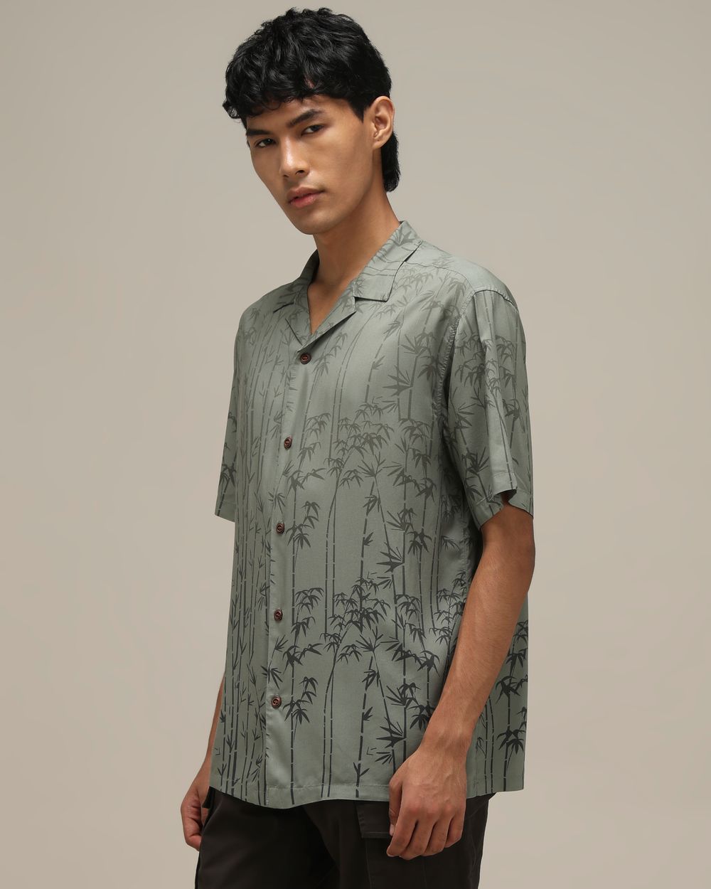 Olive Leaf Print Loose Fit Casual Shirt