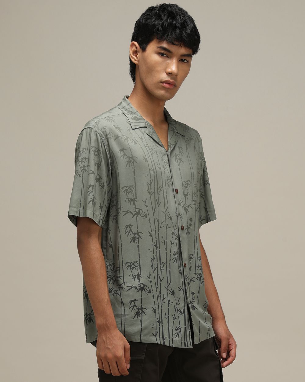Olive Leaf Print Loose Fit Casual Shirt