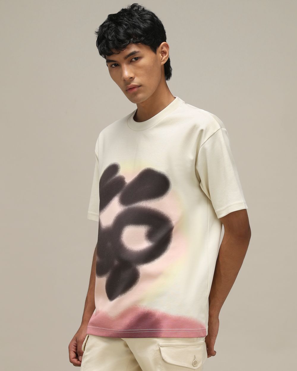 Off White Abstract Print Oversized T-Shirt