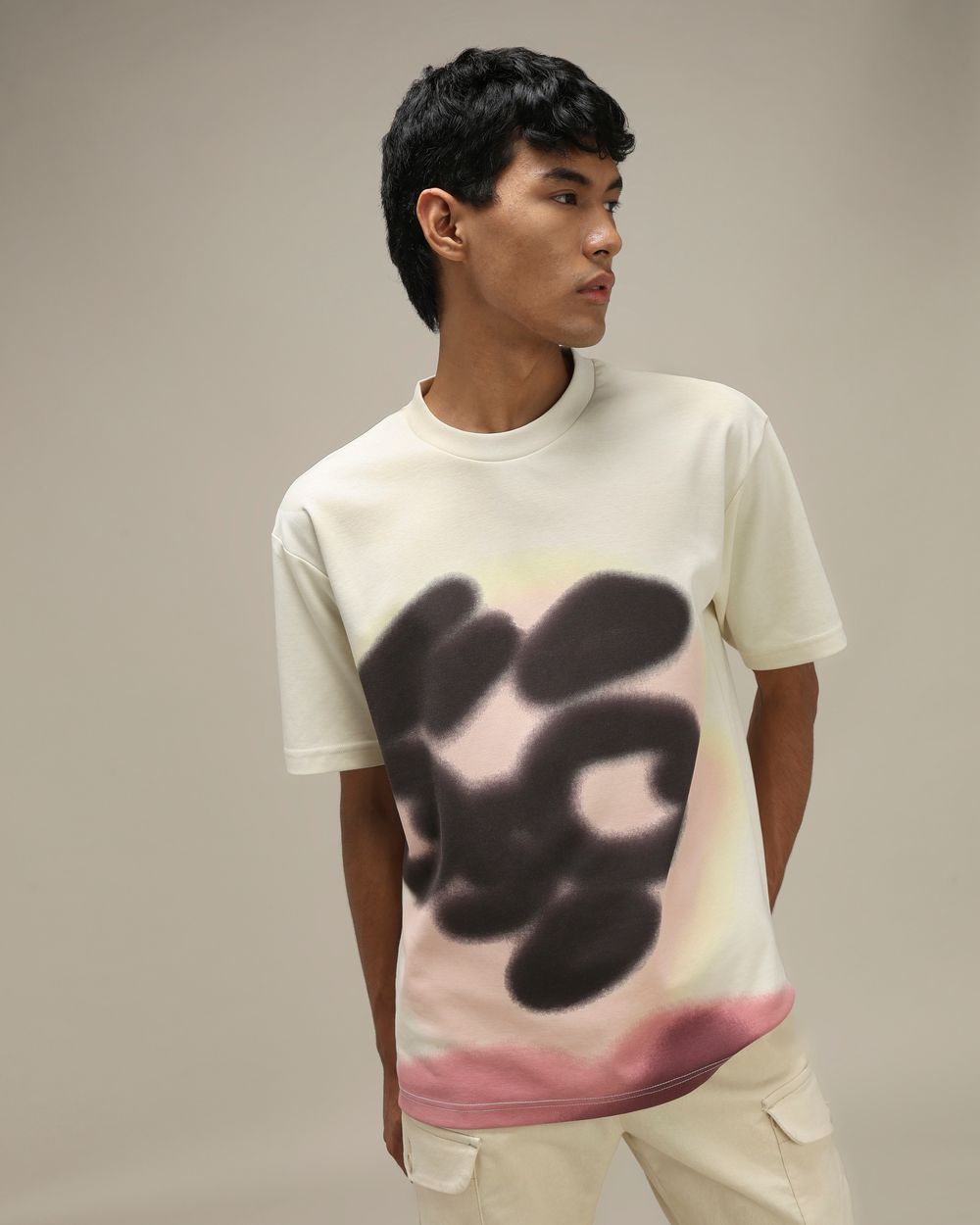 Off White Abstract Print Oversized T-Shirt