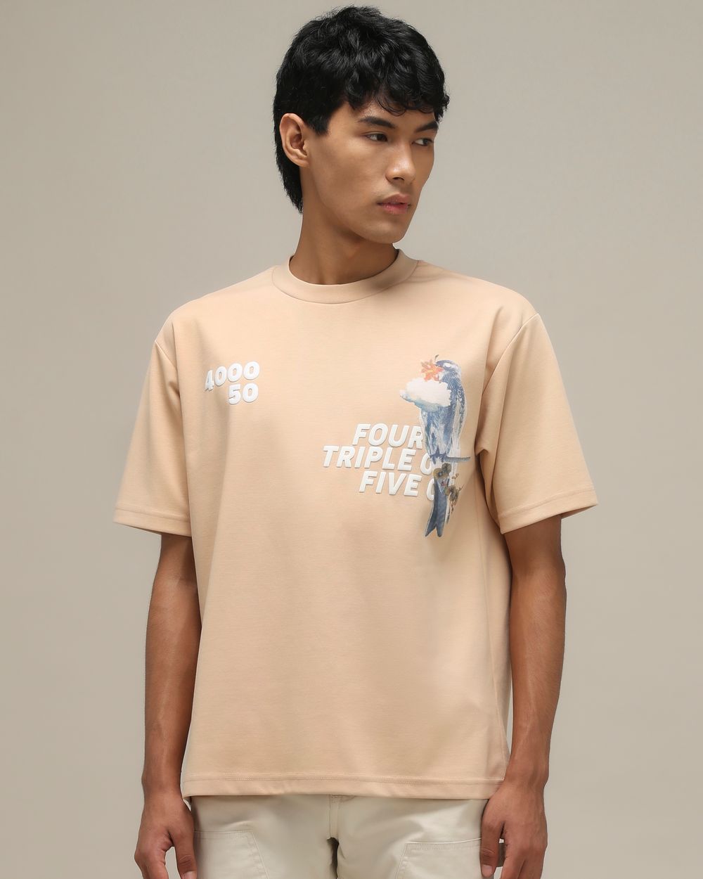 Beige Bird Print Oversized T-Shirt